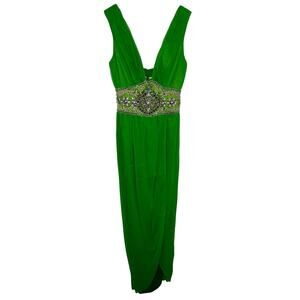 NWT Mandalay Jade Green Silk Beaded Embellished Maxi Evening Gown Dress Size 10
